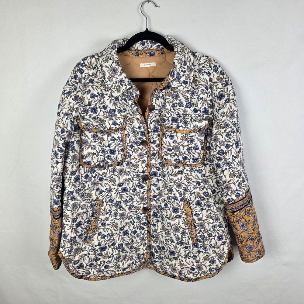 Maurices Floral Quilted Shirt Jacket Blue Tan Boho Shacket Women XL